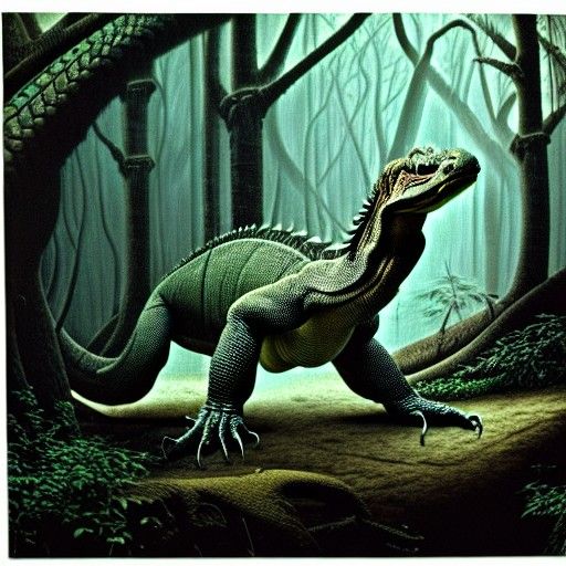 Komodo dragon in a dark mysterious forest by H.R Giger, intr...