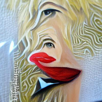 A up close portrait of a blonde haired woman with red lips a...