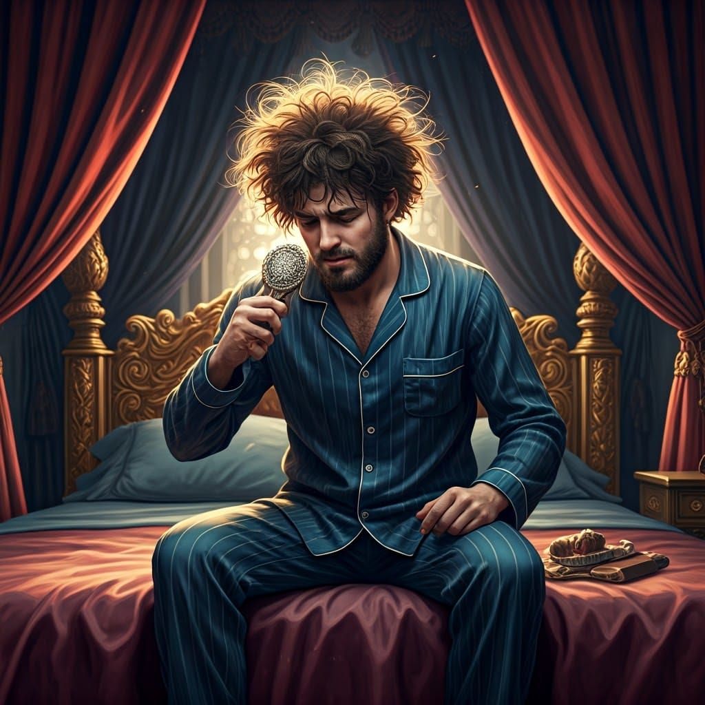 Disheveled Man Tries to Tame Morning Hair, Fantastical Conce...