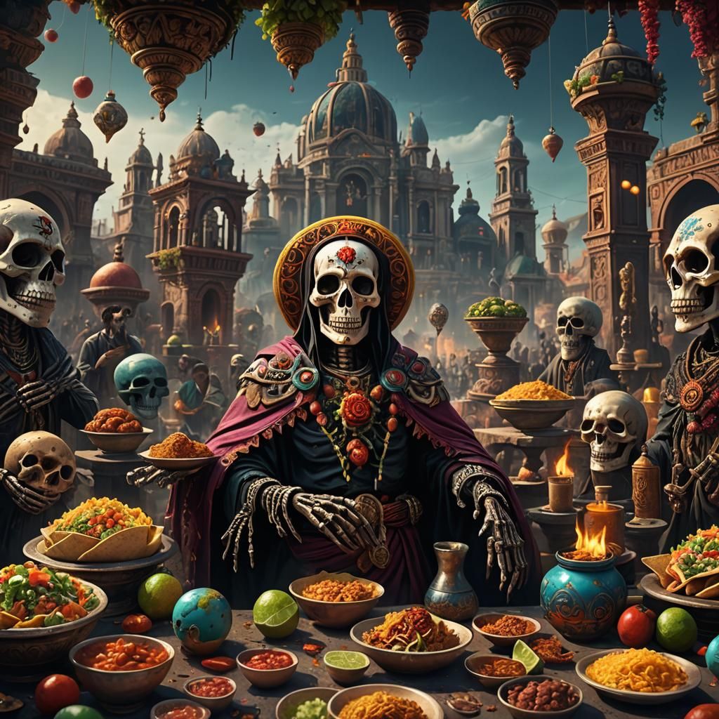 Tacos et cevice pour la Santa Muerte à tête de bulbe, ésotérique  by @Mr LaTourne