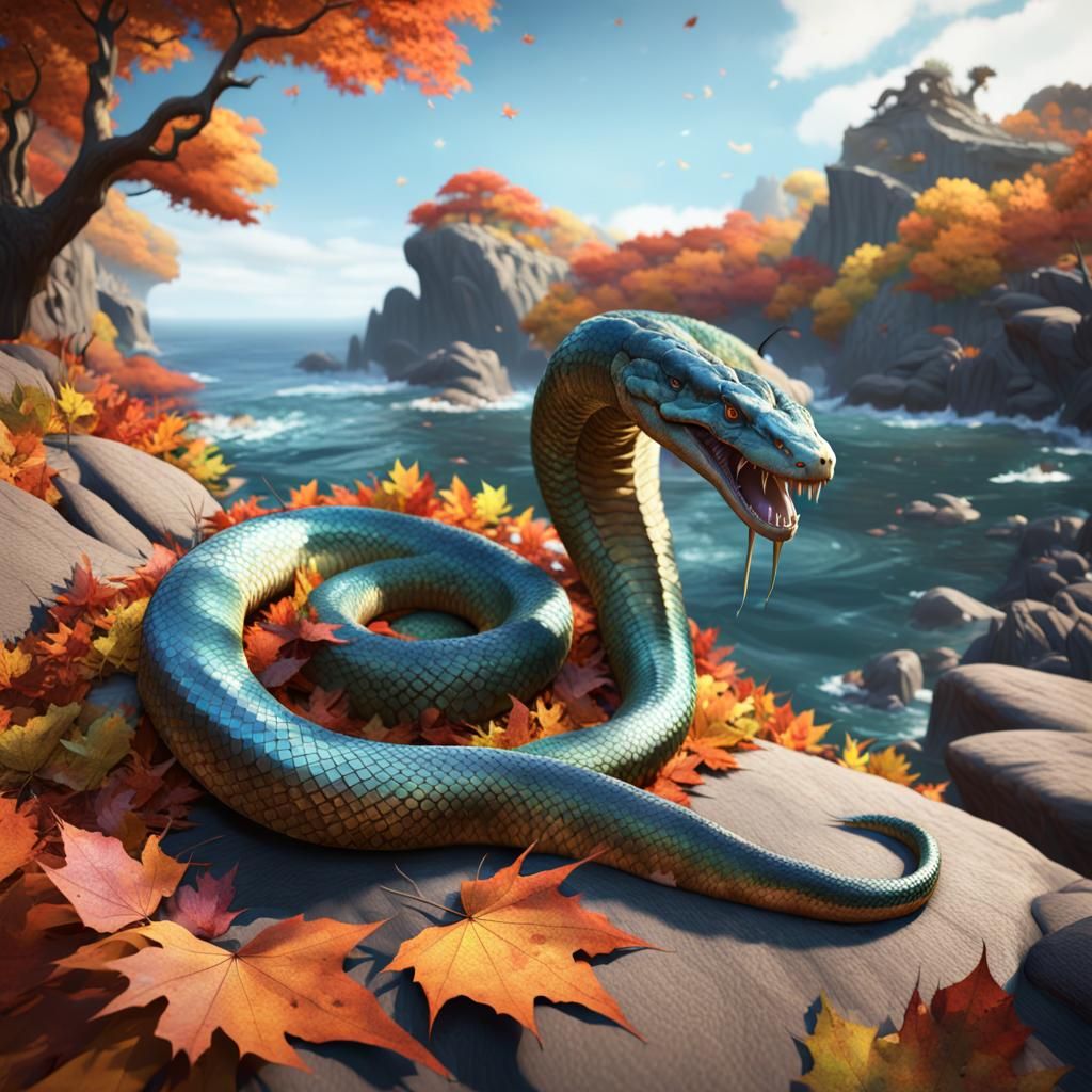 Iridescent Serpent Amidst Autumn Leaves and Ocean, Unreal En...