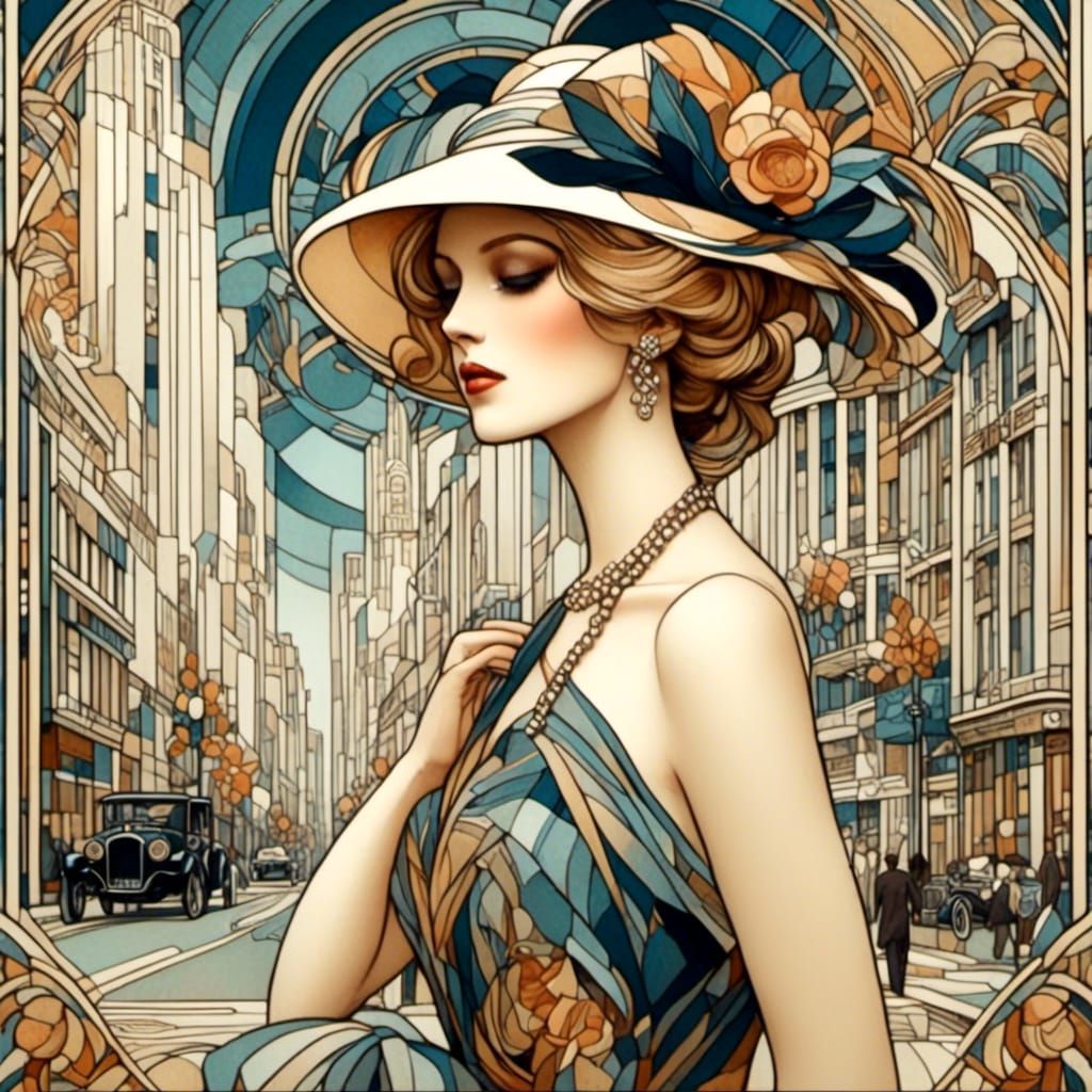 <lora:Art Deco Nouveau:1.0> beautiful stunning French woman walking in downtown London art deco nouveau 