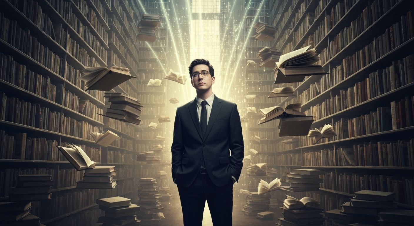 “Aaron Swartz as an honorary Men-in-Black agent, standing in an enormous, timeless library where books and glowing digital archives float ar...