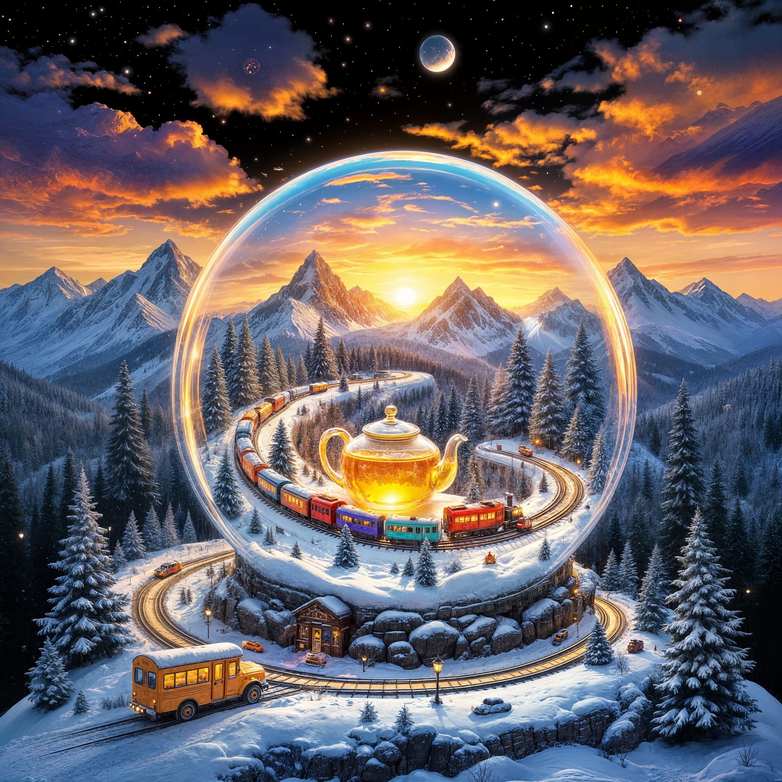 Surreal Snowy Wonderland with Crystal Ball and Train