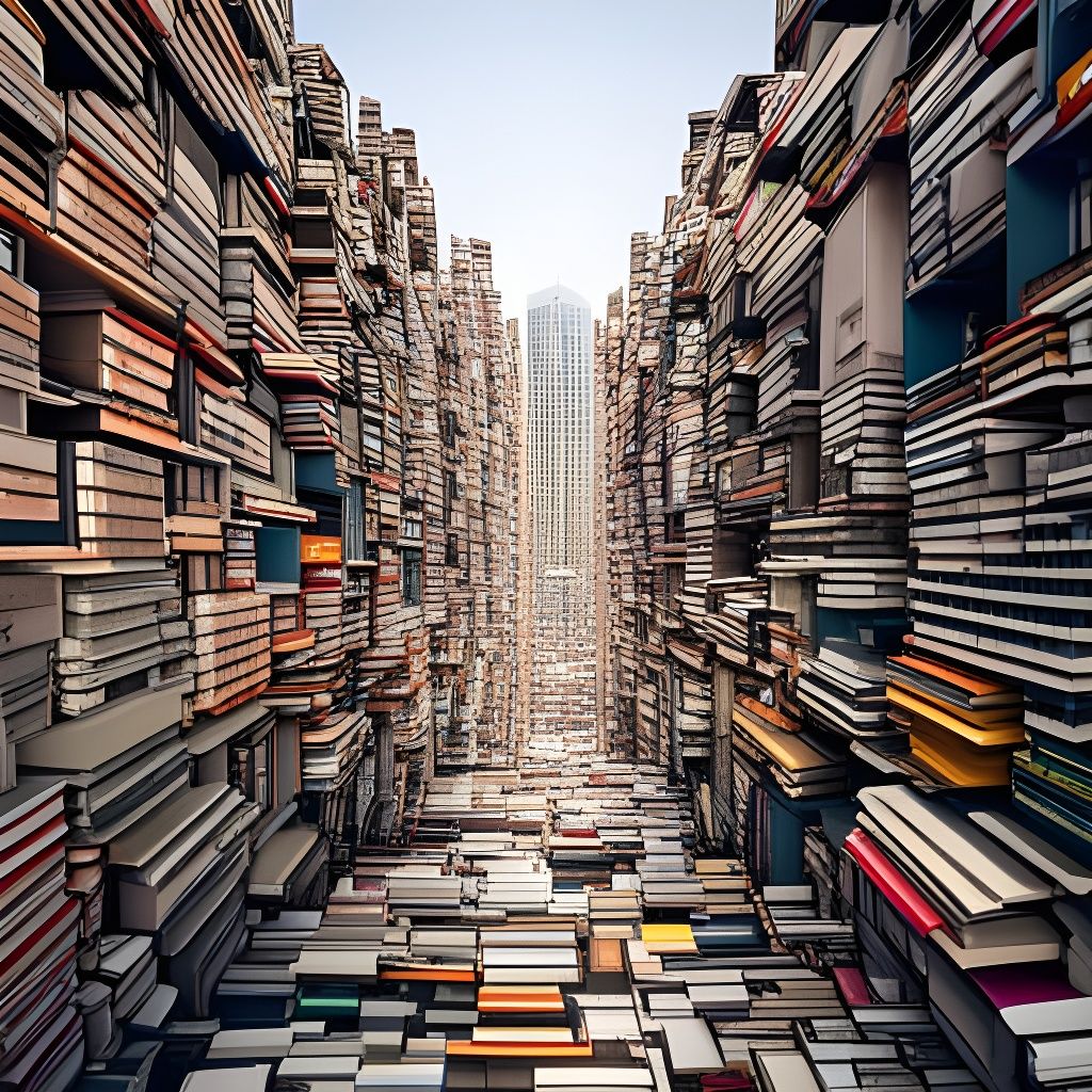 Many stacks of Colourful novels and textbooks piled high, morphing into ...