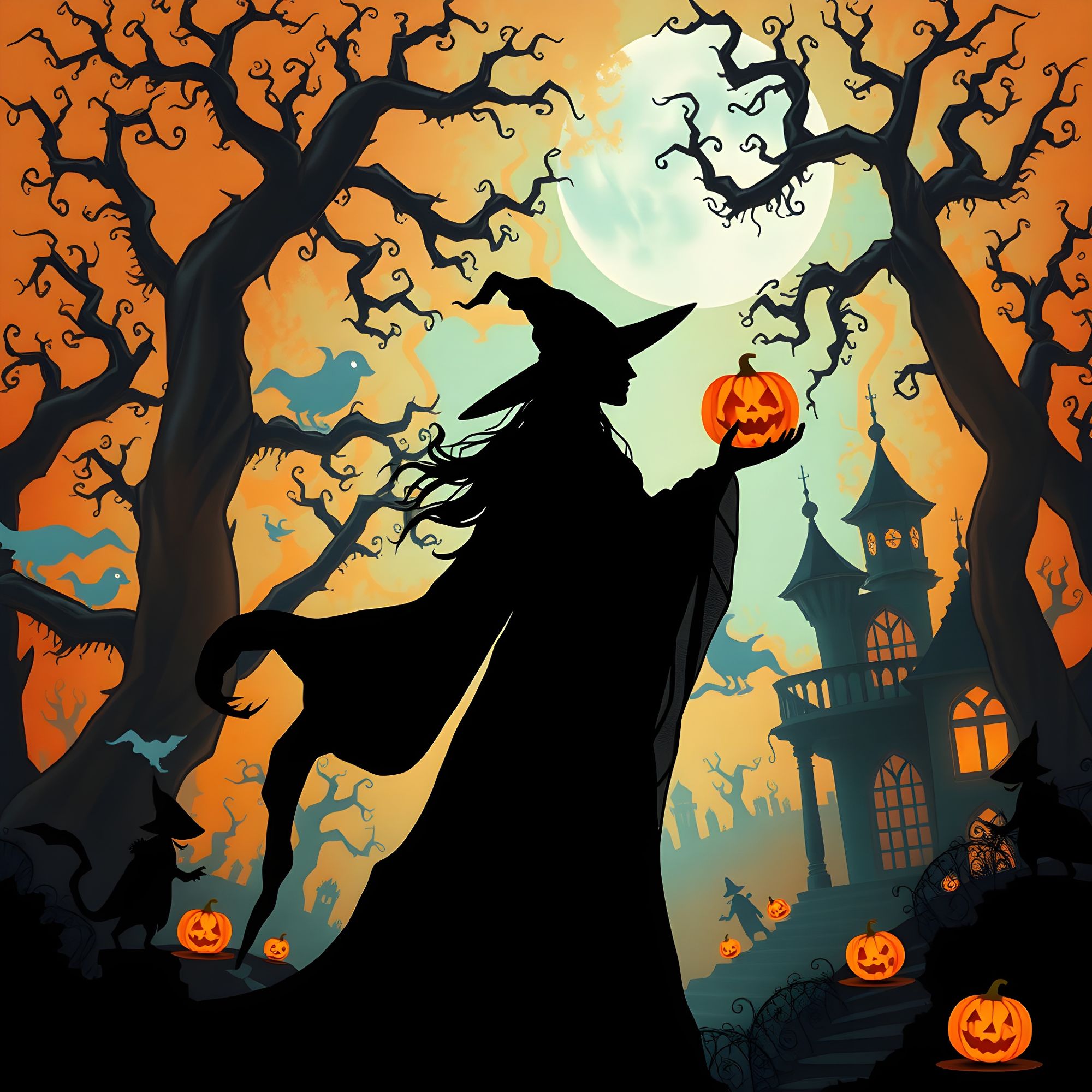 Witch under orange sky