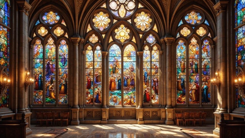 Transform the ceiling paintings and all large window panels in this cathedral image into hyper-realistic stained glass, directly inspired by...