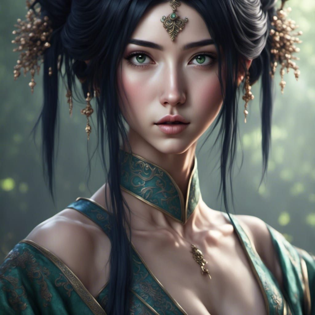 girl, dark blue hair, green eyes  <lora:Oriental Beauty:1.0>