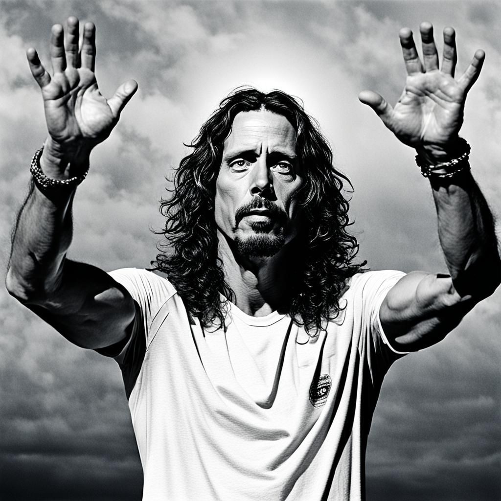 Chris Cornell stares at me 
In a Jesus Christ pose, Arms hel...