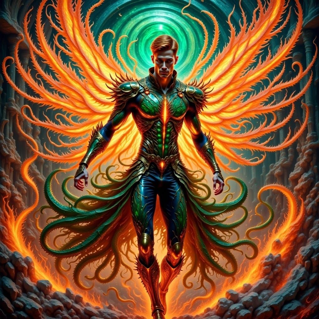 High Octane photograph of exploding green energy: Hyperdetailed Sharply detailed Very handsome young looking male vampire with piercing glow...