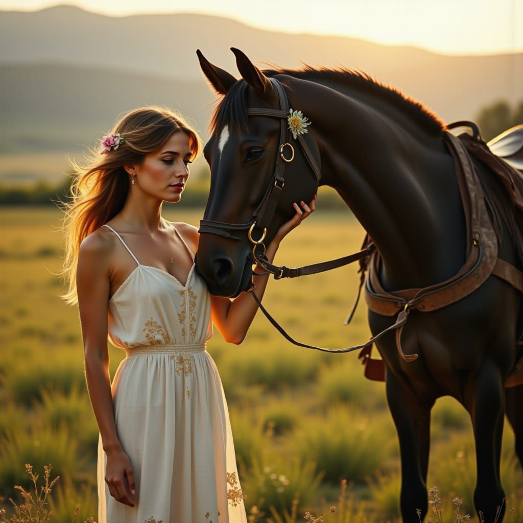 Woman and Horse in Golden Hour Meadow