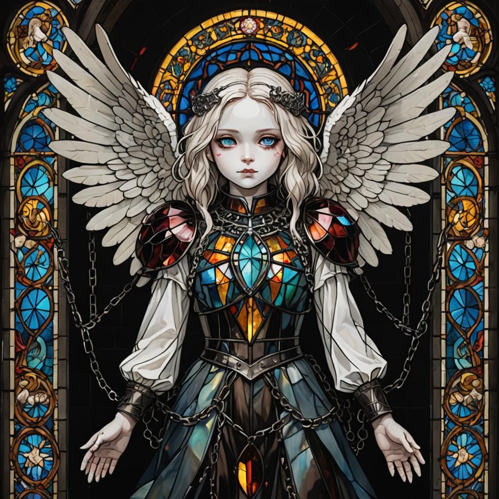A ragdoll like angel with stain glass wings bound in chains ...