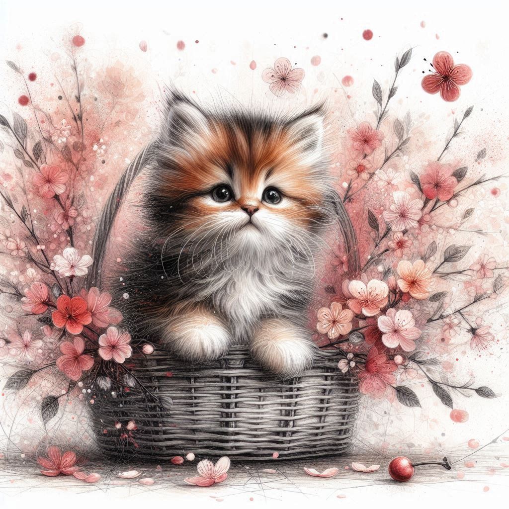 Fluffy cute kitten in a basket