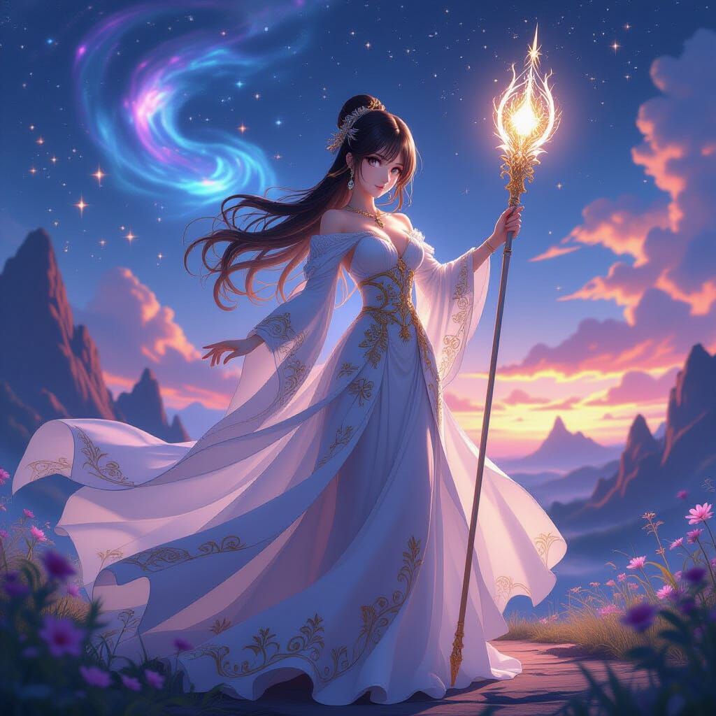 Anime Woman with Glowing Scepter in Celestial Landscape