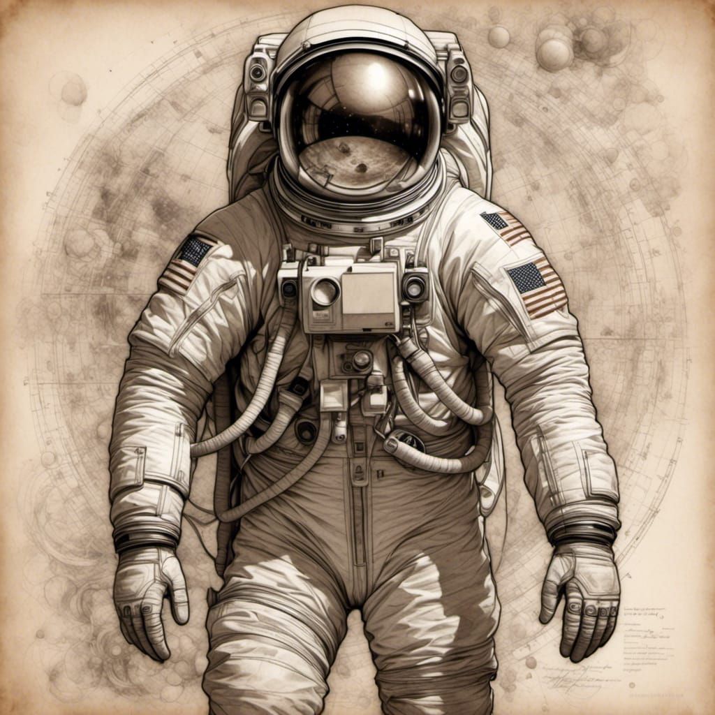 <lora:sMOre:1.0> Parchment paper (sketch:1.1) of a monochrome astronaut, white highlights, white and dark_brown hues, full length, intricate...
