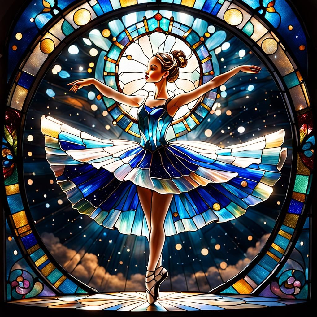 graceful ballerina made entirely of stained glass, flying, blowing, sparkling, spinning, twirling, flowing ...  by @GRAZYNA-BARBARA