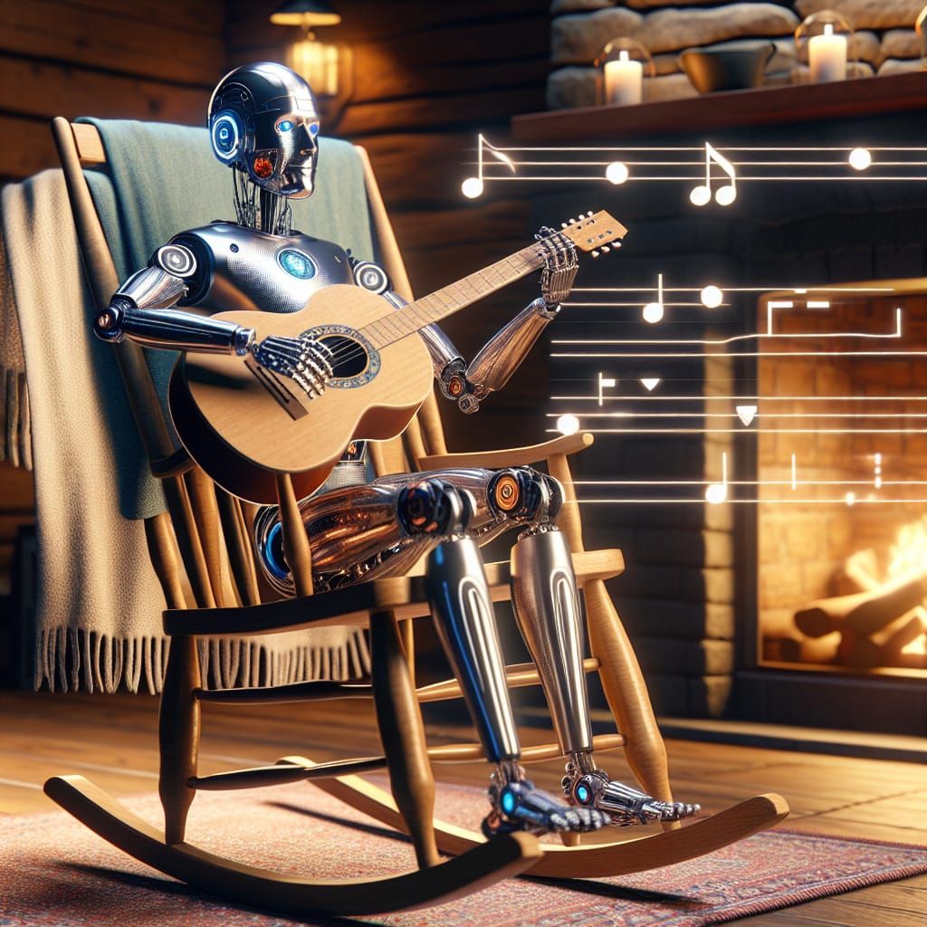 Yodelling cyborg sitting in a rocking chair