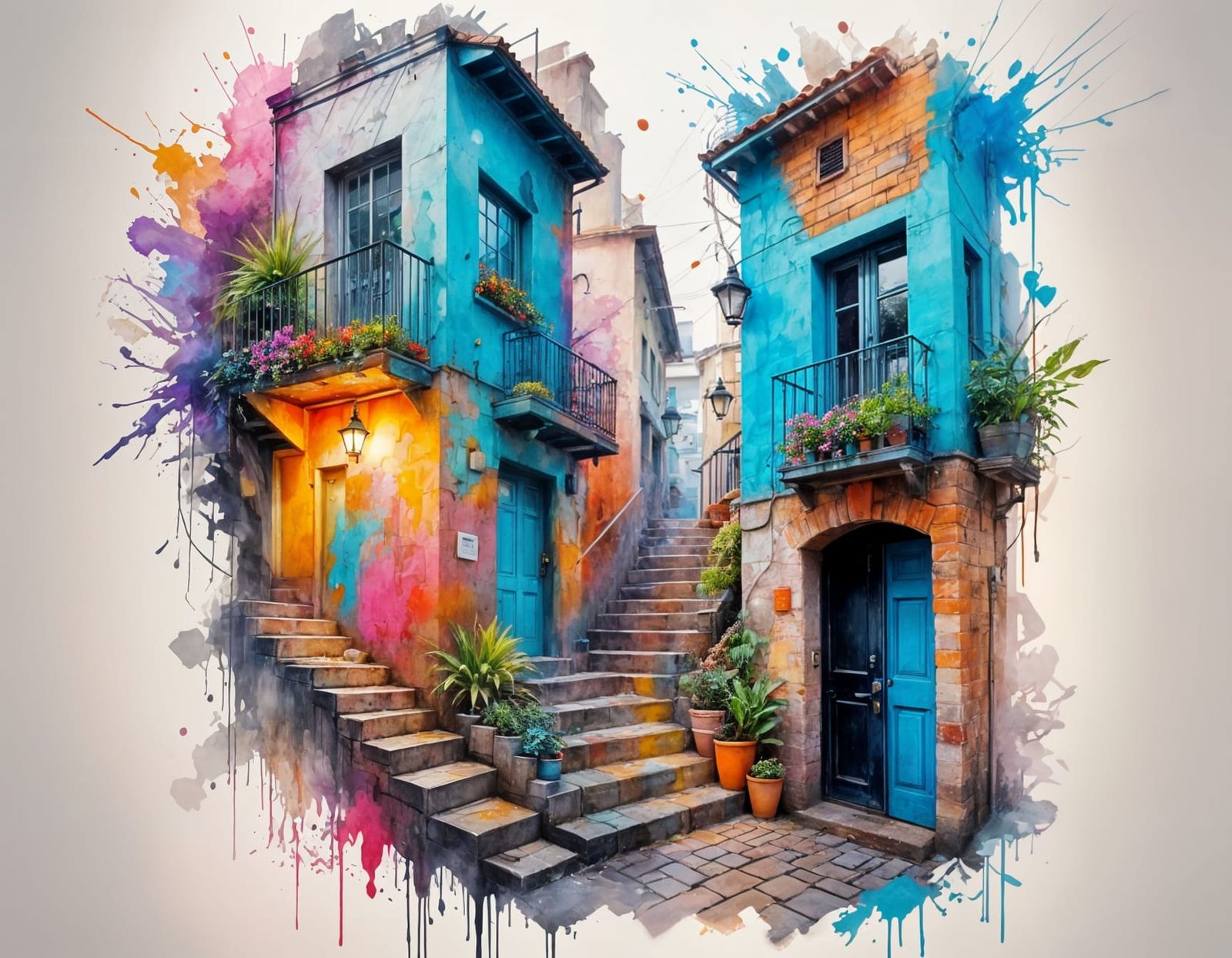 Vibrant Graffiti Alley with Stairs in Whimsical Style