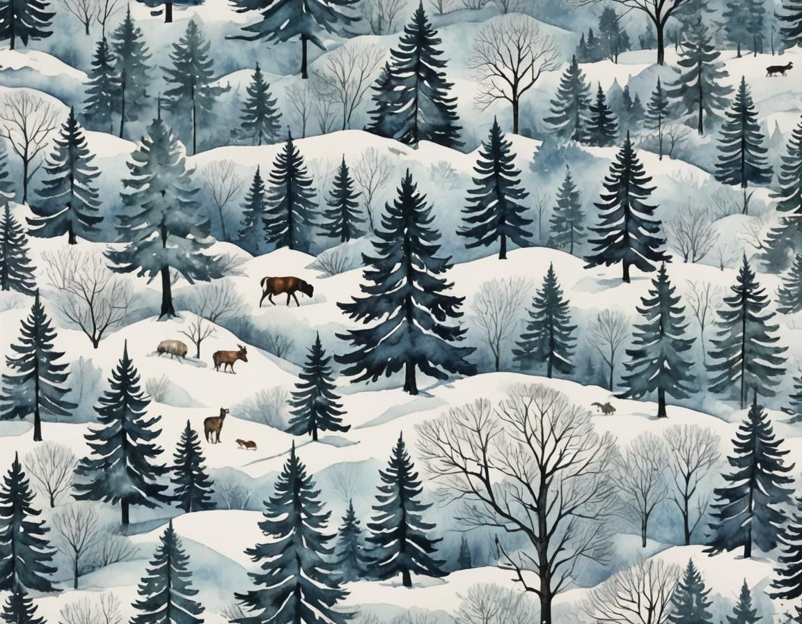 Depict a winter wonderland with neurographic ink lines outli...
