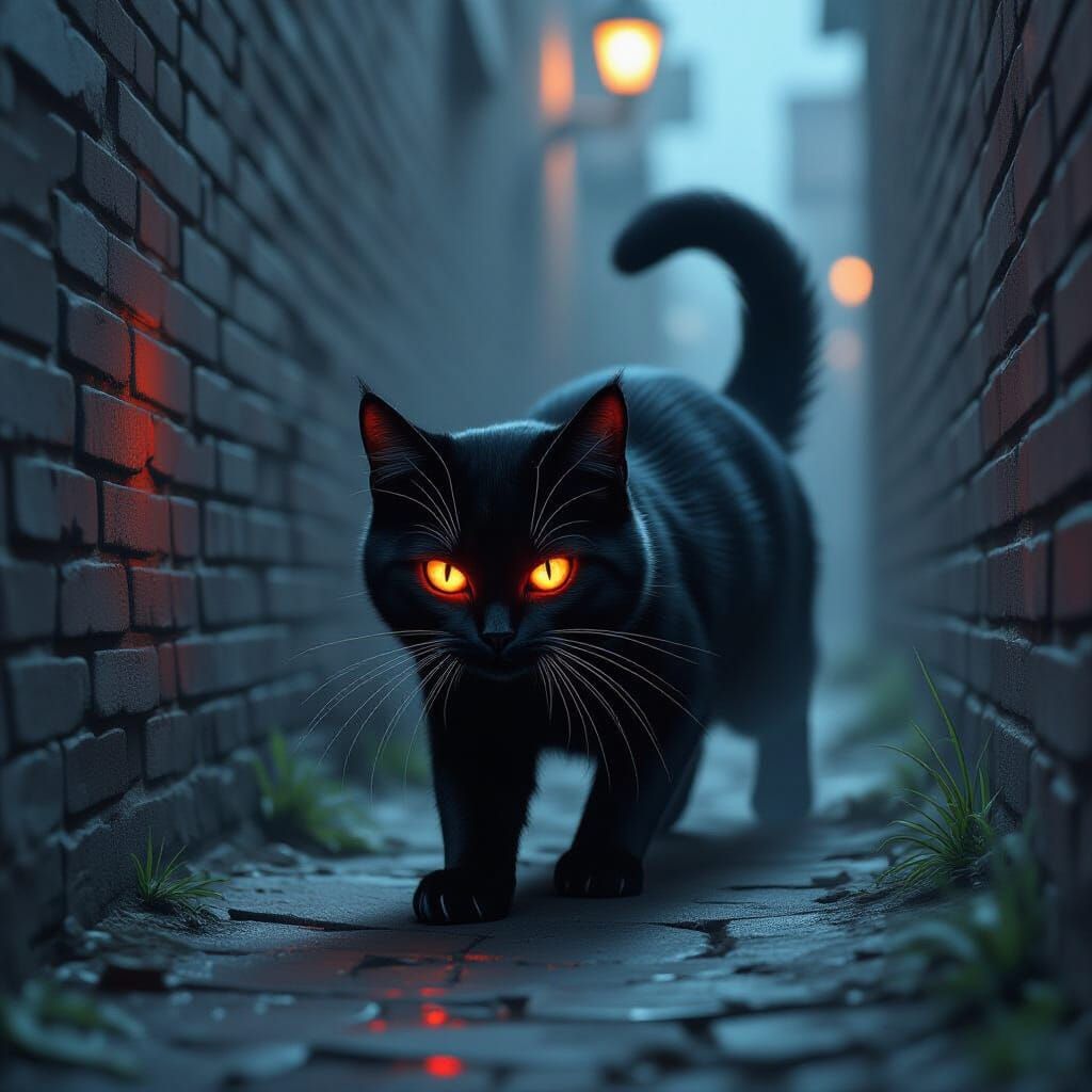Menacing Black Cat with Glowing Red Eyes in Dark Alley
