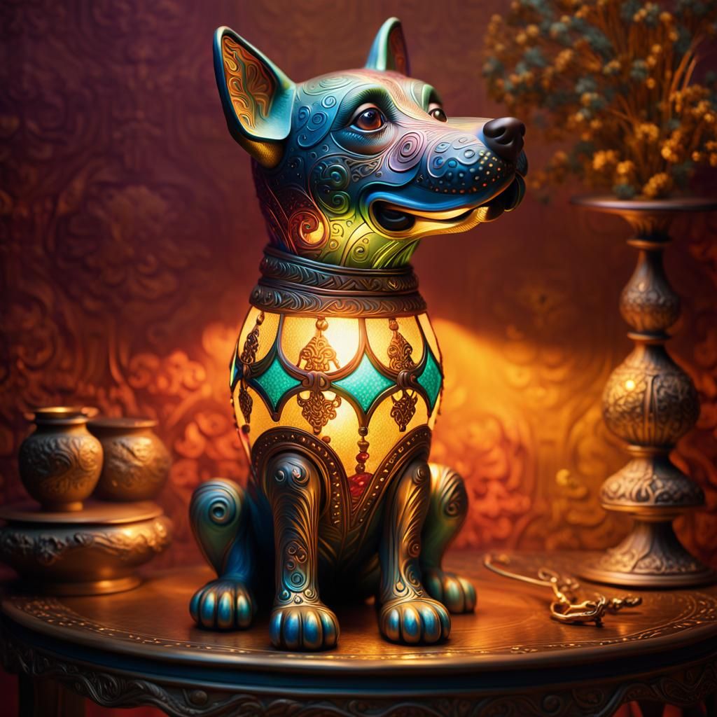 Colorful whimsical dog lamp.