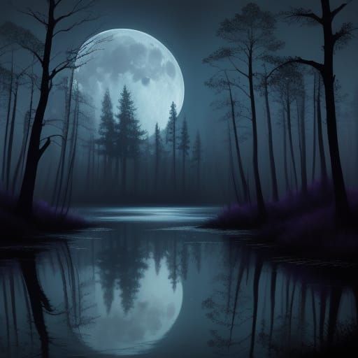 Ethereal Moonlit Forest Lake Oil Painting