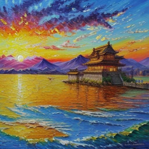 Dragon Plays Pearl Under Golden Sunset: Impressionist Painti...