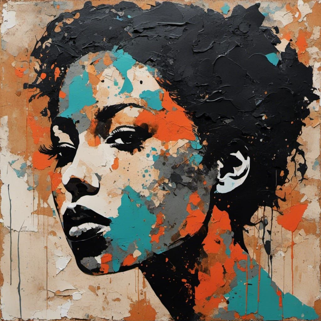 <lora:MiniCollage:1.0>collage silhouette thick layered paint, chipped off paint portrait