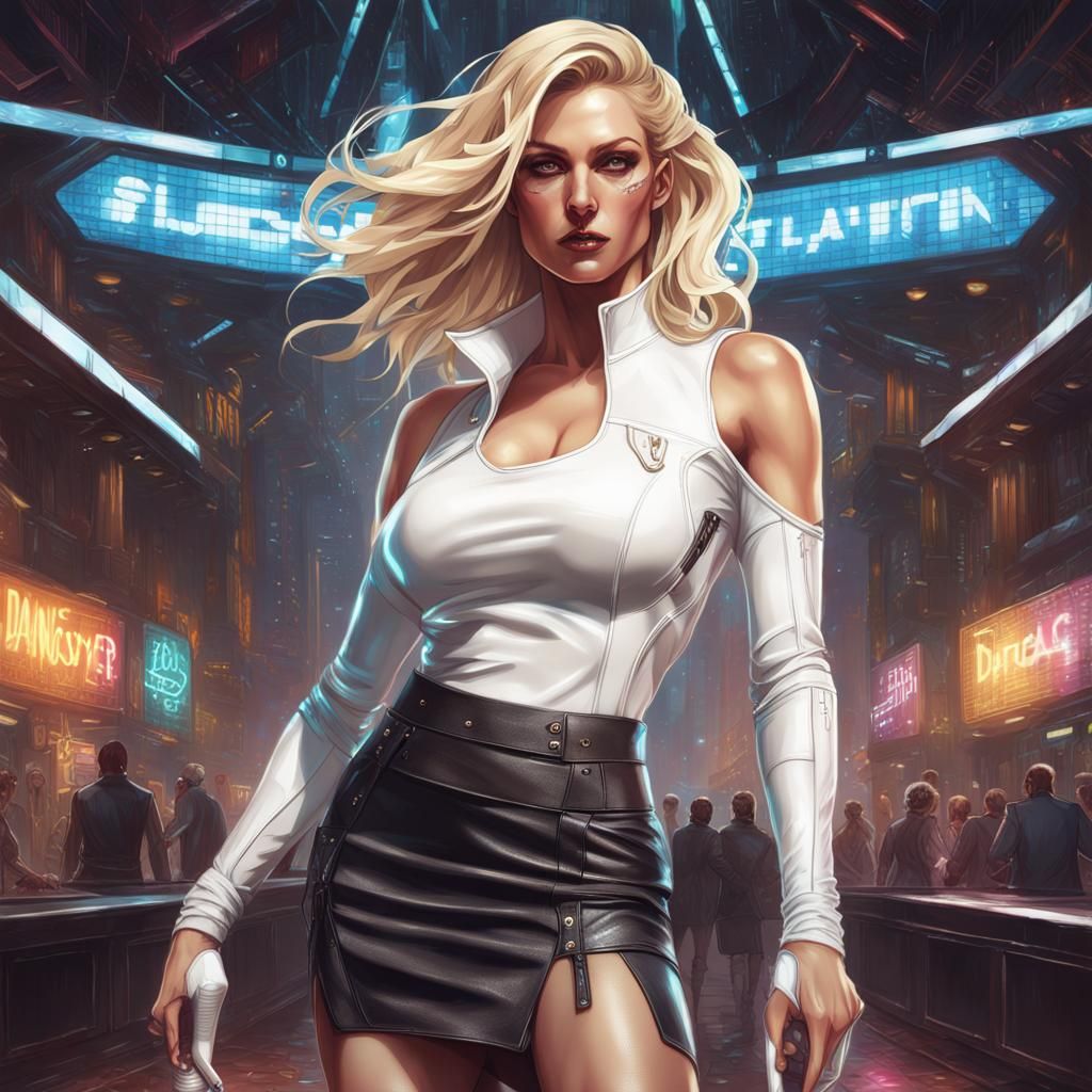 Cyberpunk style. A beatiful blonde woman dressing a stretch top, a ...