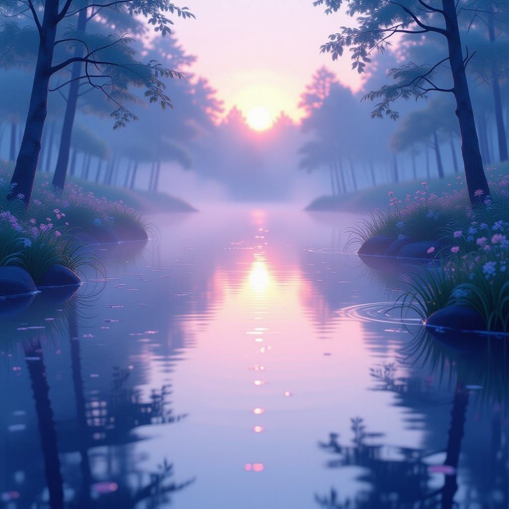Magical Pastel Pond Shimmering with Morning Mist