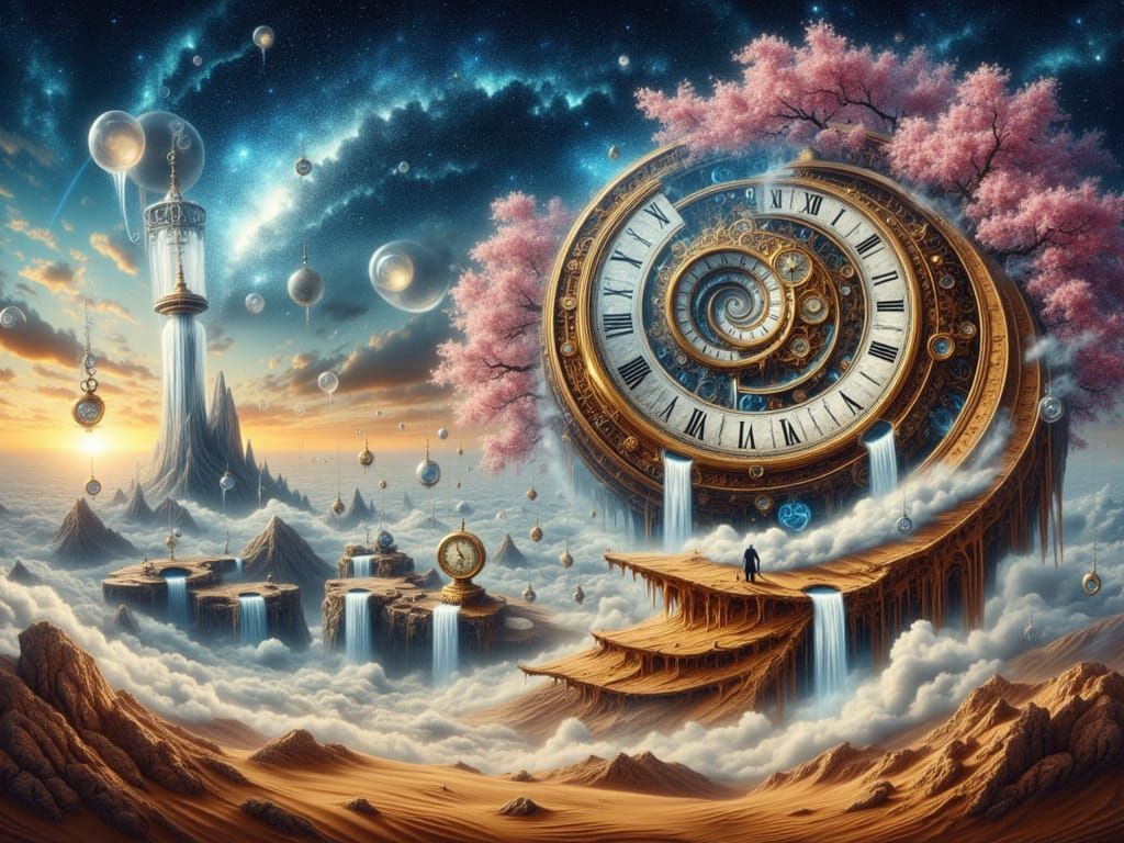 <lora:FiosTimeWarp:1.0> Epic surreal fantasy masterpiece featuring a colossal spiraling clock vortex with multiple concentric rotating ring...