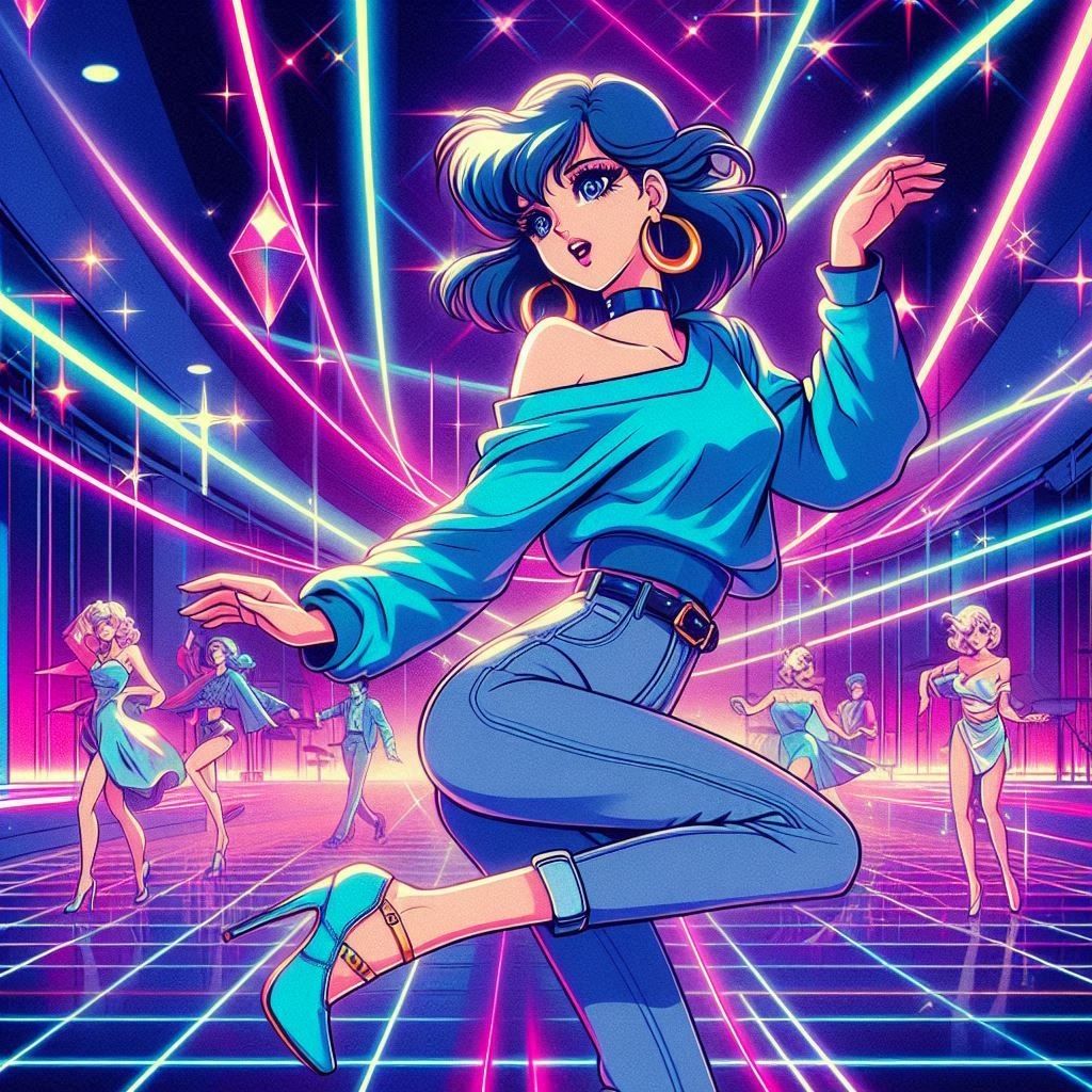 a 1980s anime style image of a woman fashion model drawn in ...