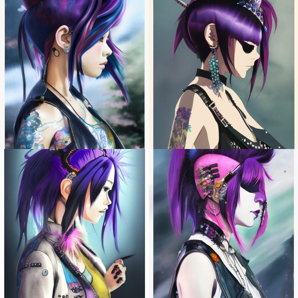 very beautiful watercolor punk rock Japanese princess, purpl...