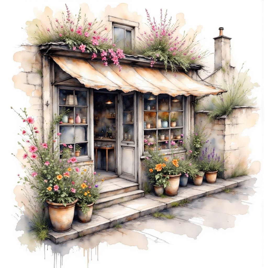<lora:Watercolor Wash Fade:1.0> Left align minimalist Watercolor wash of a flower shop on a Paris street