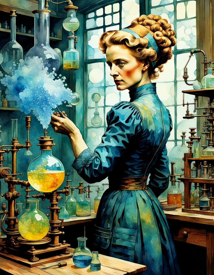 Marie Curie doing a chemistry experiment   by @StarlaBlaise