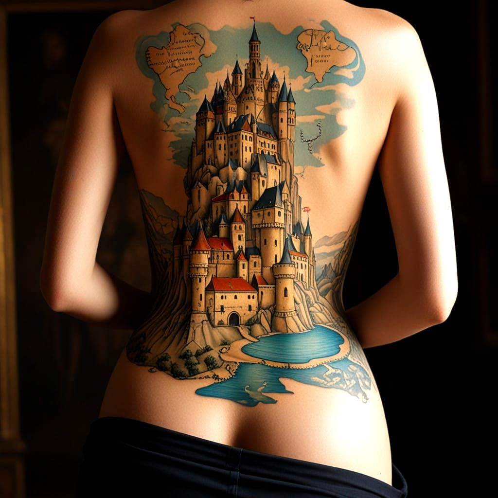 Ethereal Medieval Lady in Hyperrealistic Tattooed Road Map o...