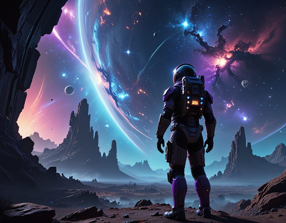 A lone astronaut stands on a desolate alien planet, gazing up at a colossal, swirling nebula that dominates ...  by @Susi