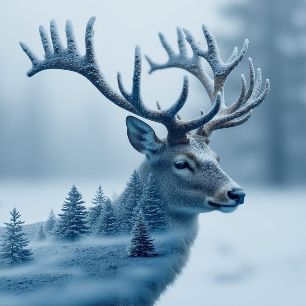<lora:MJ7 Double Exposure:1.0> Double exposure of ice deer antlers and frosty tree branches, photorealistic, beautiful in the style of a pro...