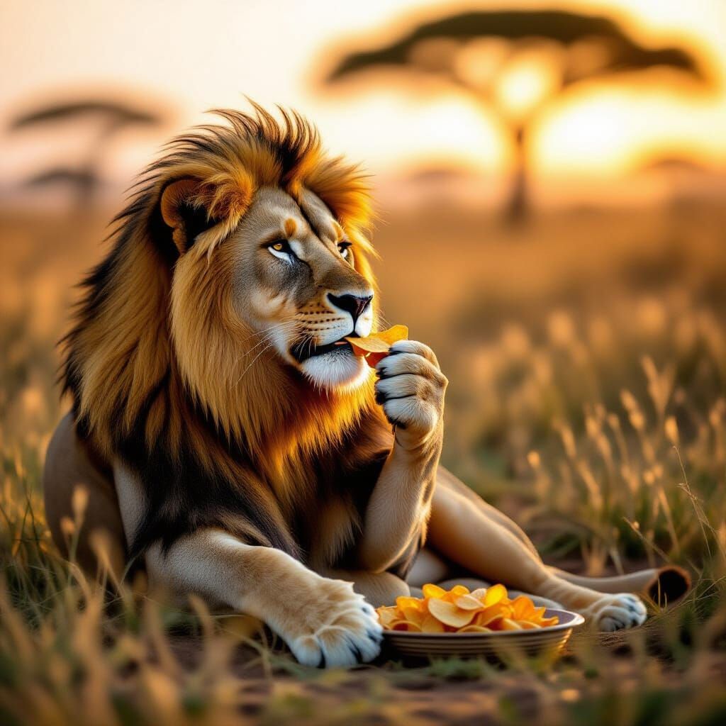 Lion Eating Chips in Savannah, Wildlife Photography