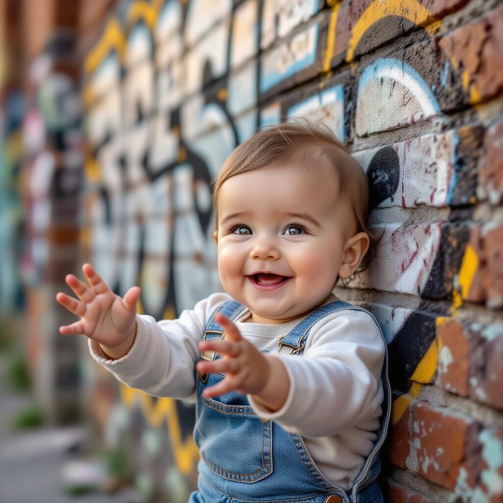 Authentic Baby Reaches for Textured Graffiti Wall
