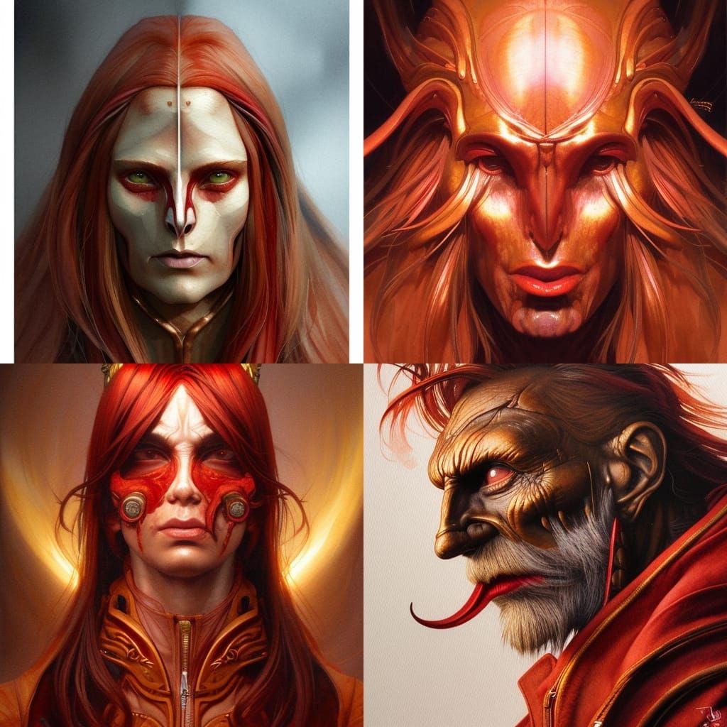 Bronze hair, red jacket, third eye, tusks portrait hyperdeta...