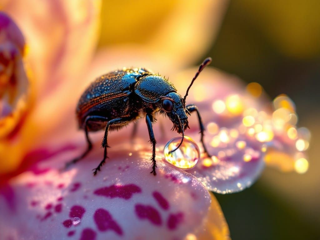 Beetle and Dewdrop on Orchid: Photorealistic Macro