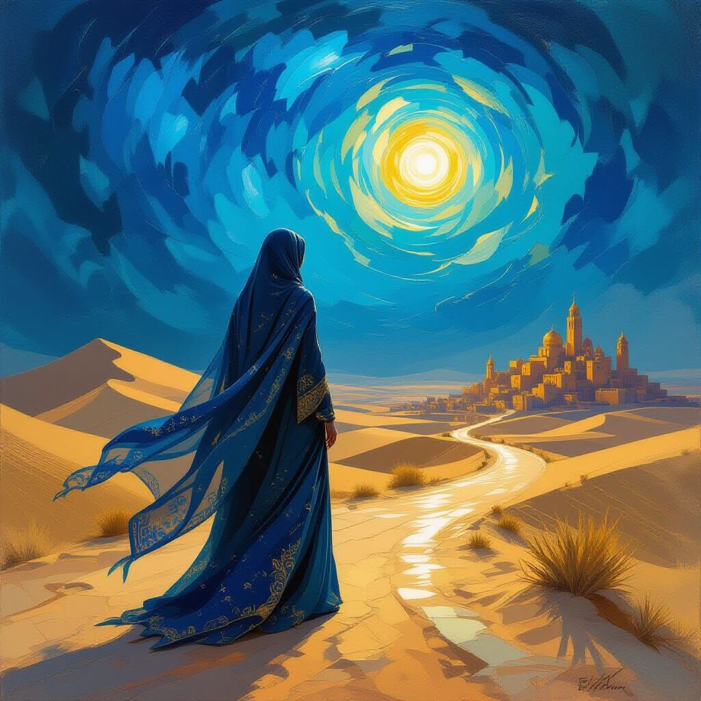 A majestic jinniyyah, cloaked in shimmering celestial fabric