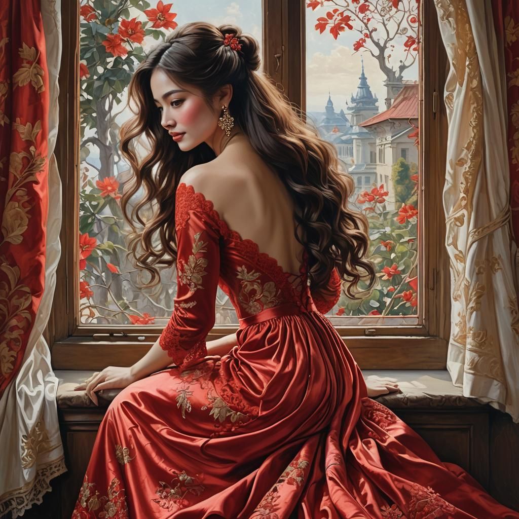 Elegant Woman in Red Lace Dress, Oil Painting