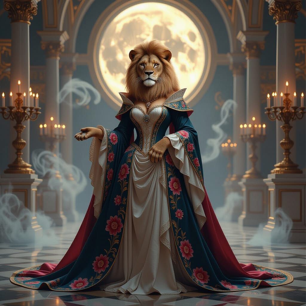 Majestic Lioness in Ballroom: An Ethereal Fantasy