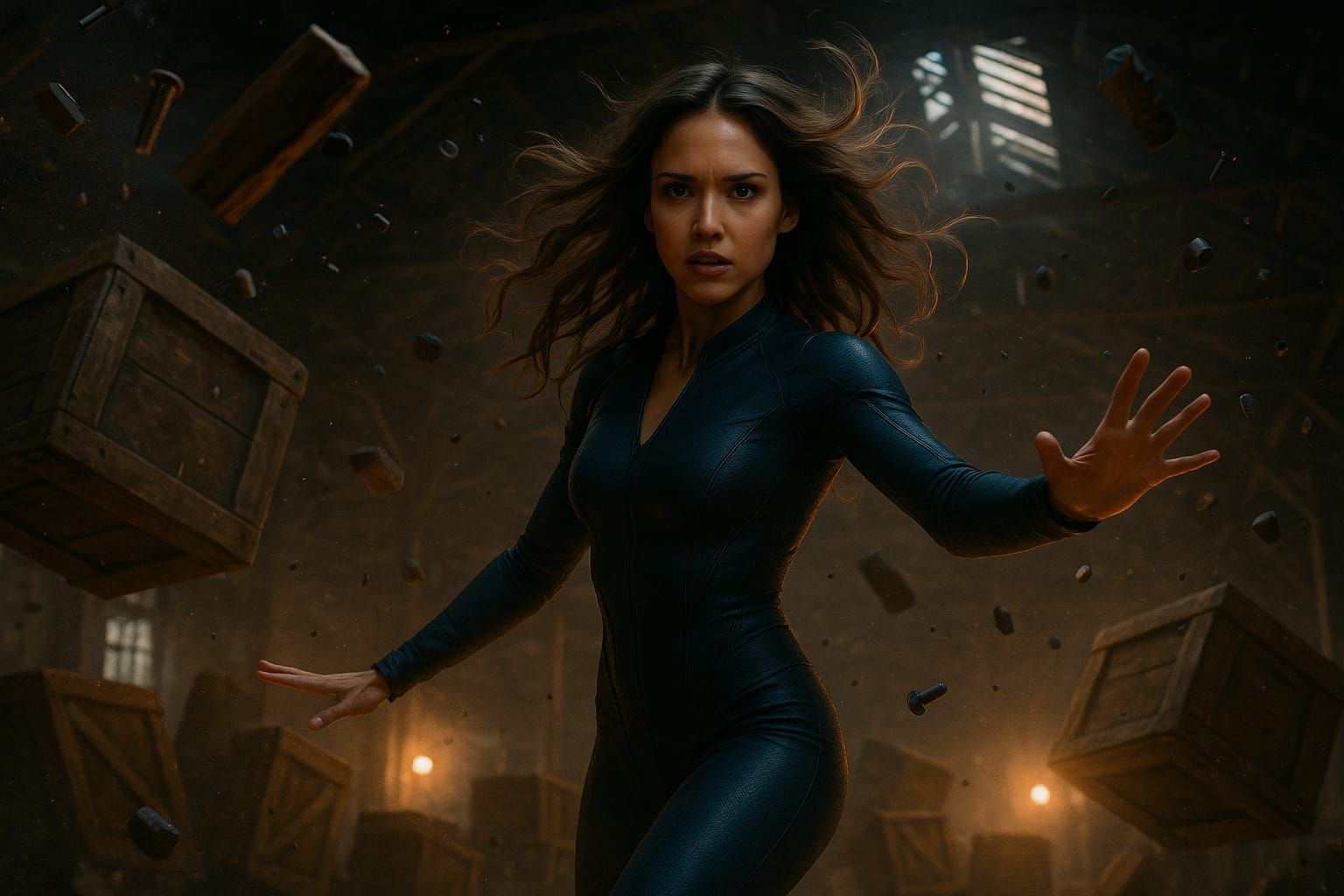 Gravity-manipulating superheroine in a warehouse (1)