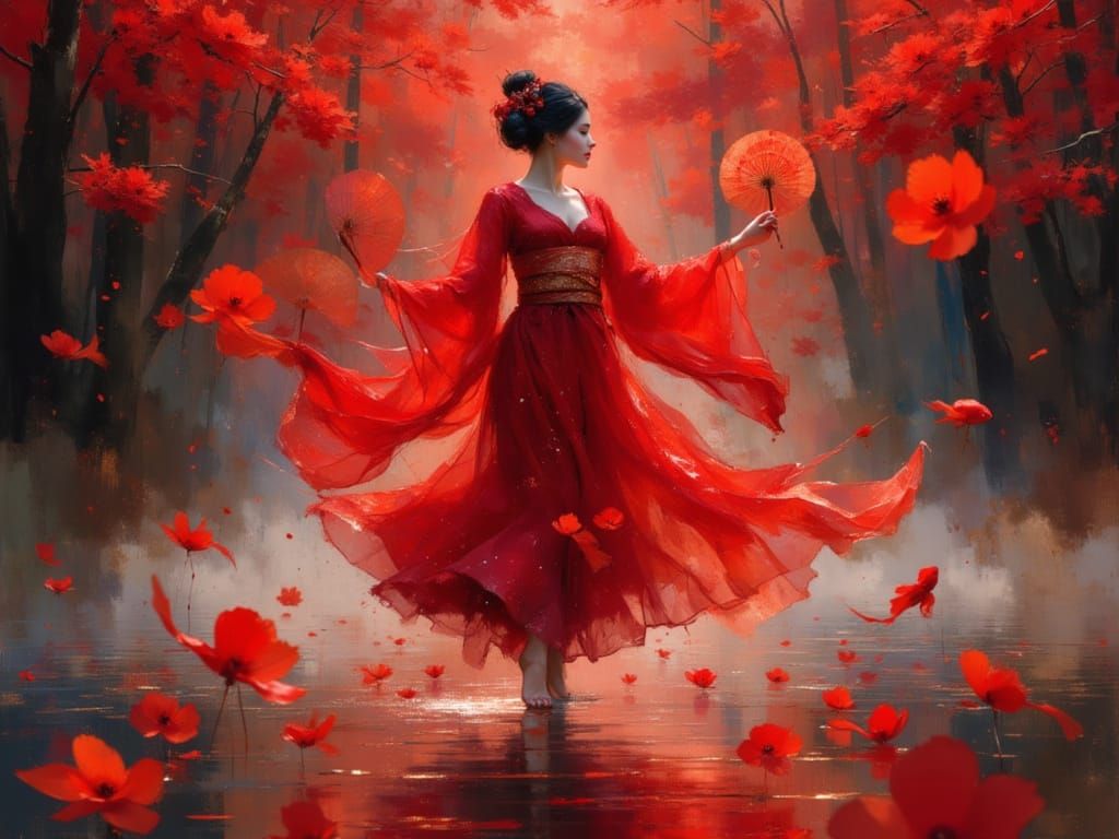 Geisha's Ethereal Dance on Lake in Red Glow