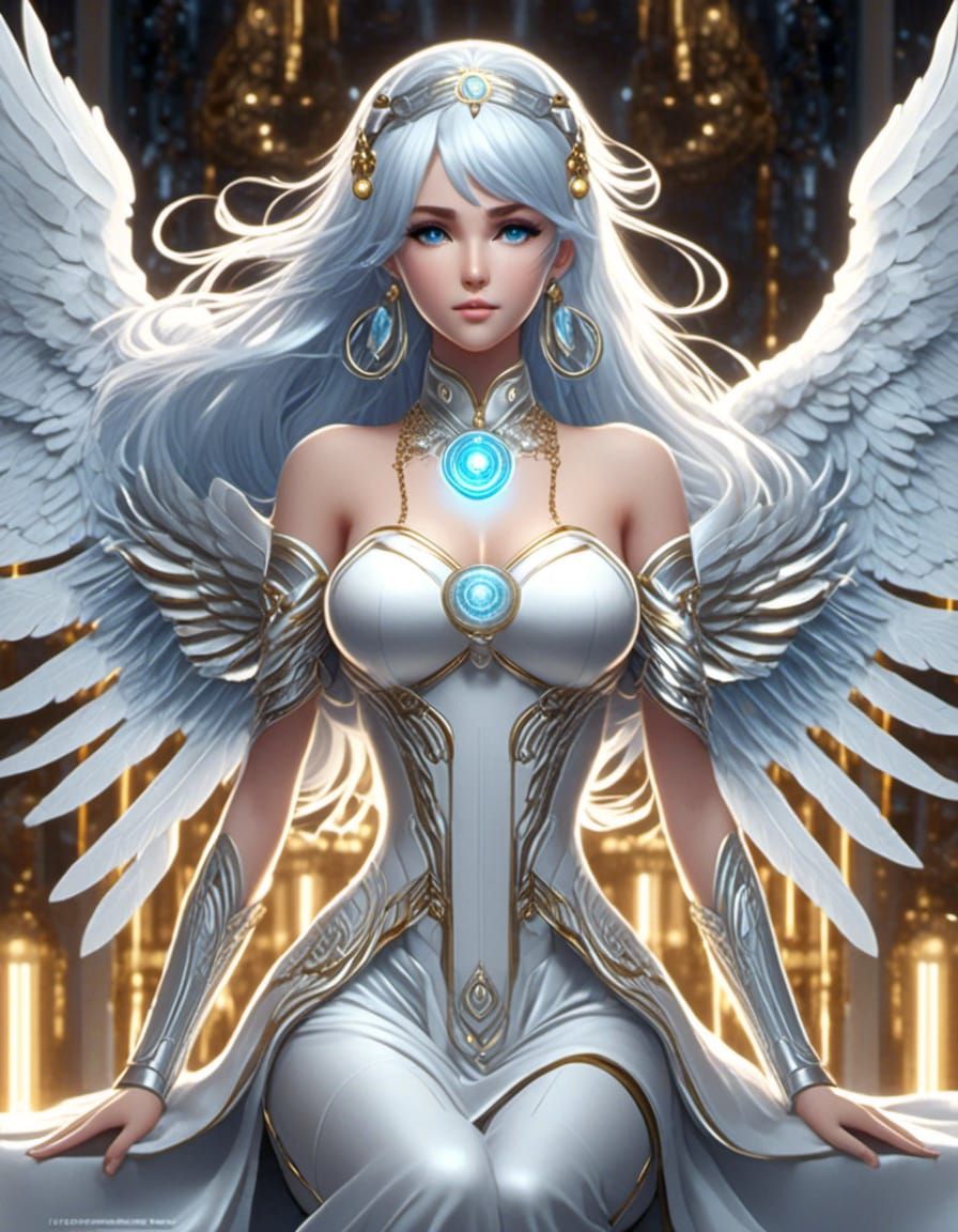 Symmetrical Anime Goddess, flowing Silver Blue hair, silver ...