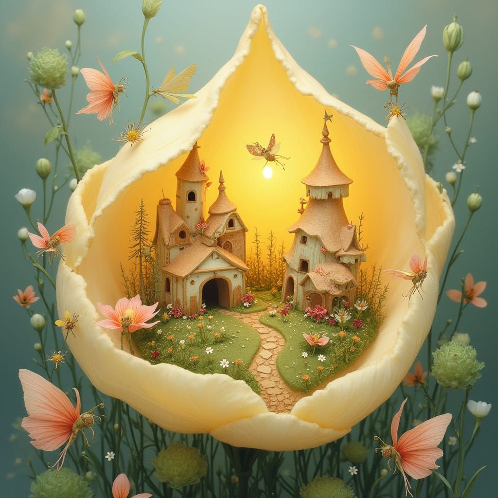 A village nestled within the petals of a giant, luminous flower, its delicate structures ...  by @Patsy 