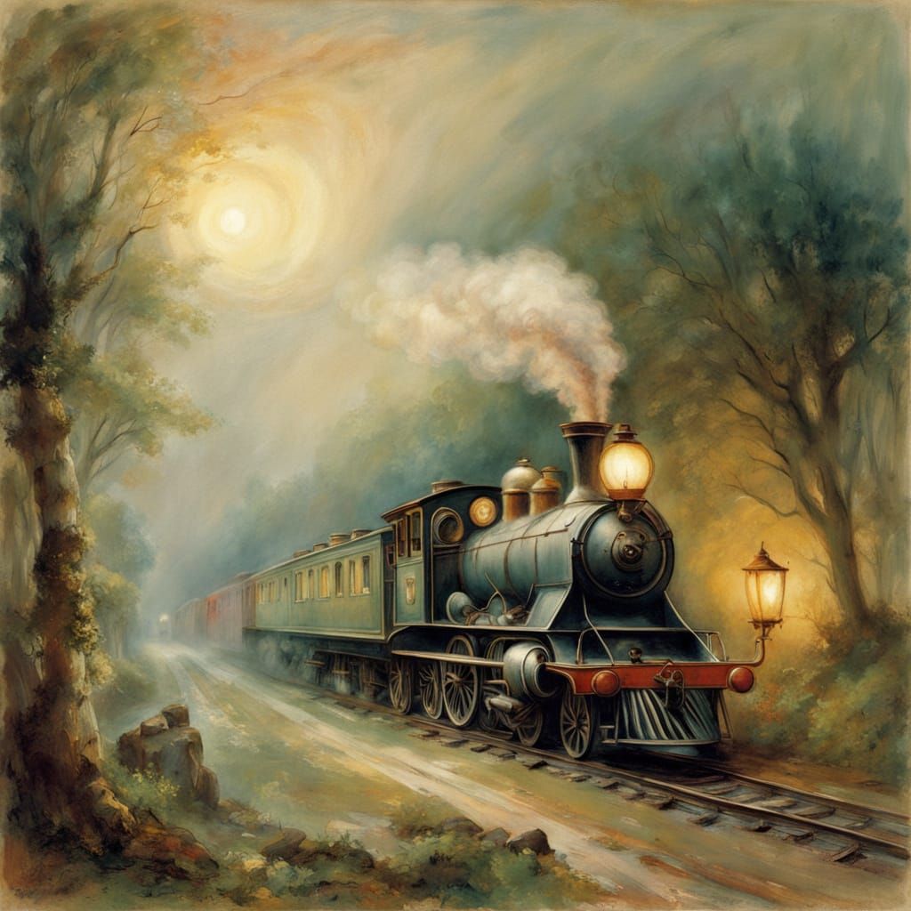 Whimsical Steam Train in a Misty Forest